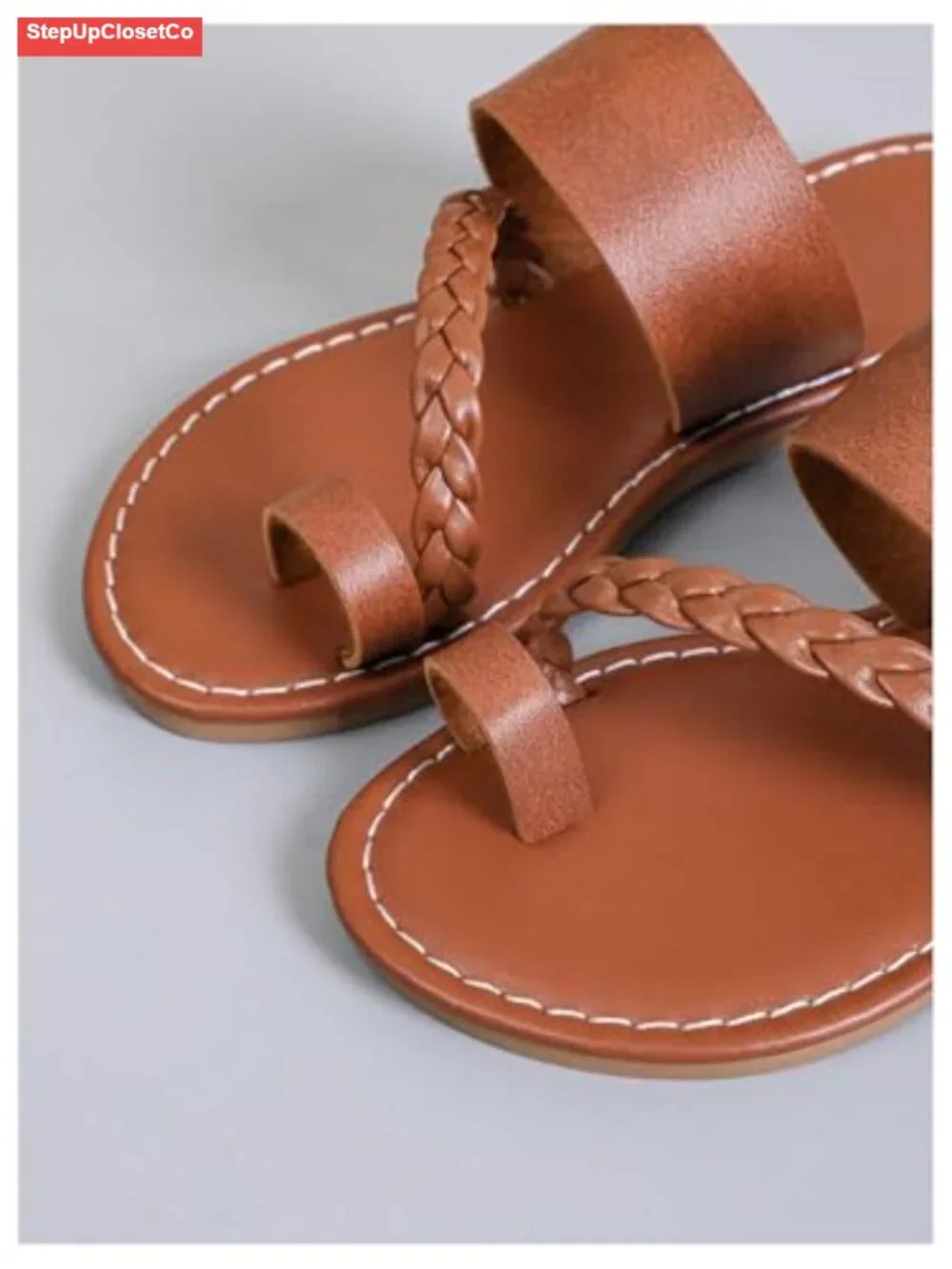 Girl's Strappy Leather Flats Sandal Braided Toe Ring Slip On Slide Sandals